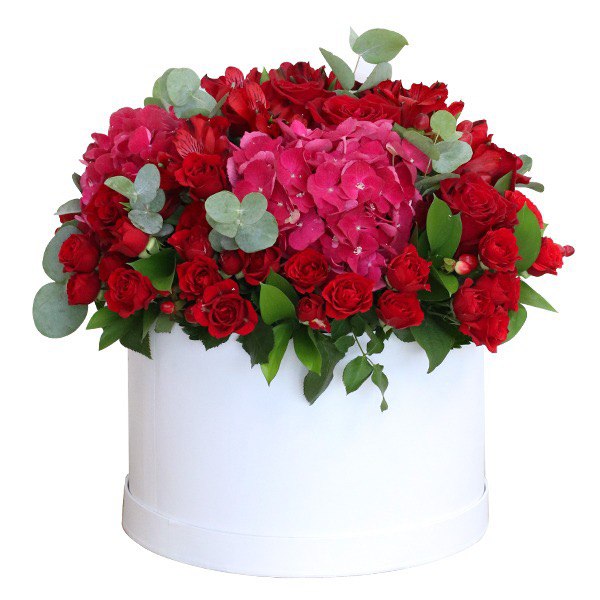 Dark pink Hydarngea & spray roses red tuch eucalyptus